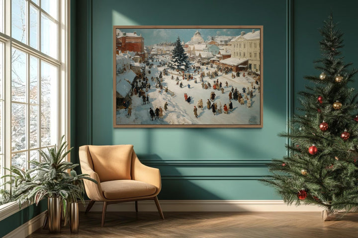 Antique Winter Village Christmas Market Scene Canvas Wall Art