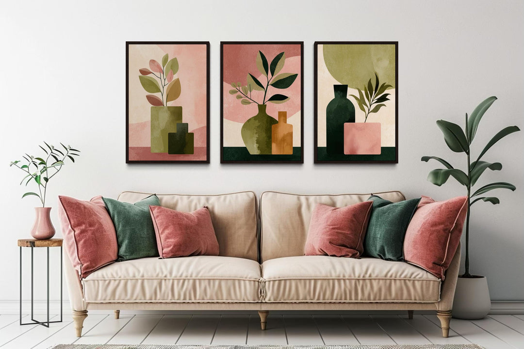 Set of 3 Framed Minimalist Botanical Blush Pink and Olive Green Vases With Leaves Wall Art
