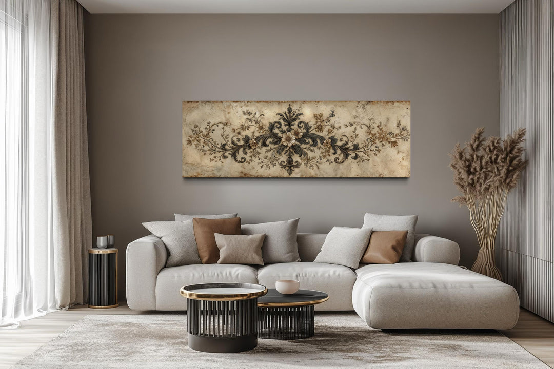 Antique neutral long narrow damask canvas wall art featuring an ornamental design above a sofa.