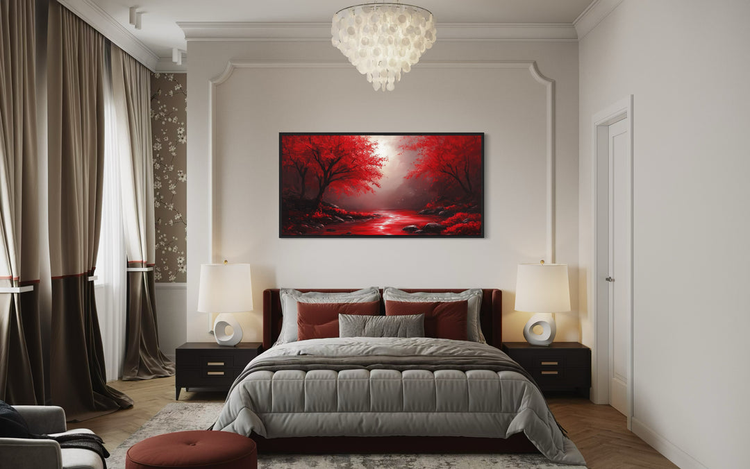 Red Nature Landscape Framed Canvas Wall Art in a bed room with a neatly made bed