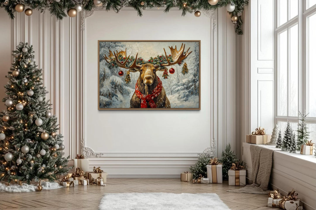 Christmas Moose With Red Scarf And Ornaments Canvas Wall Art