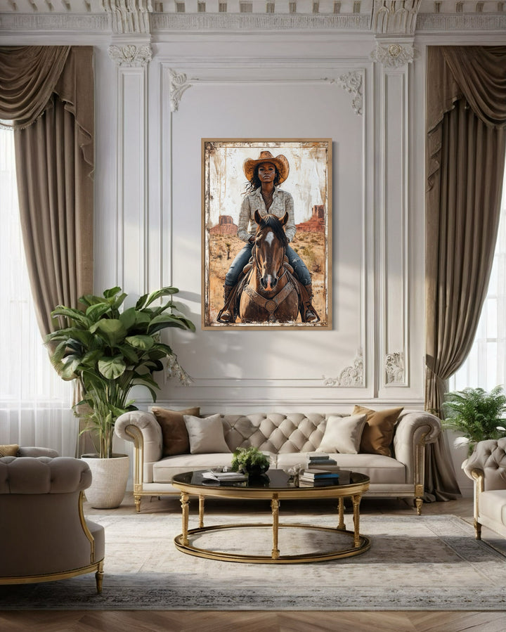 Black Girl Riding A Horse Framed Canvas Wall Art in living room above couch