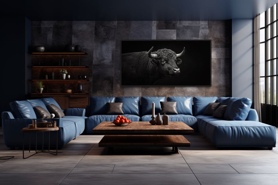 Black Bull Framed Canvas Wall Art in dark living room