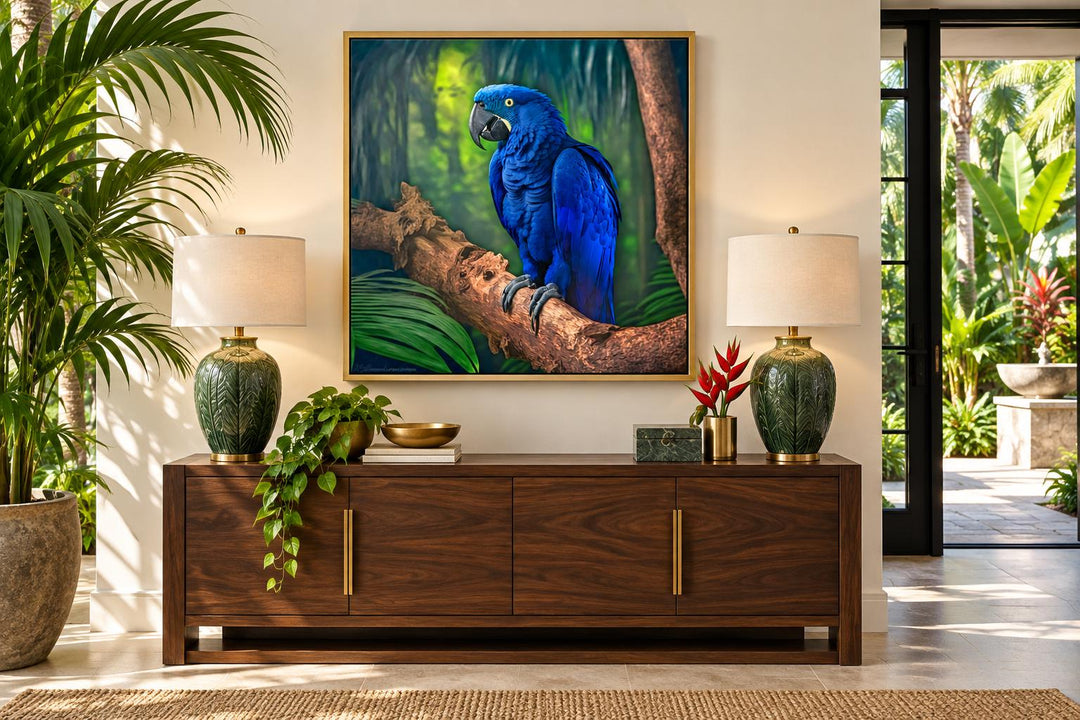 Hyacinth Macaw Parrot Tropical Canvas Wall Art above a wooden console in a lush living room.