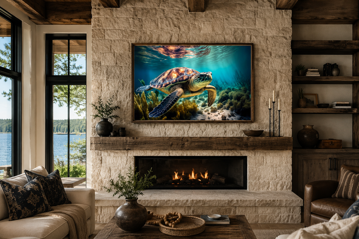 Sea turtle swimming over a coral reef underwater canvas wall art mounted above a stone fireplace.