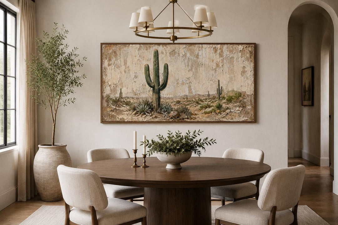 Minimalist saguaro cactus canvas wall art on a weathered wood-look background in a dining room.