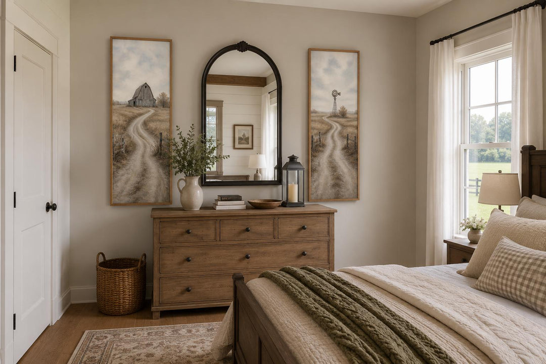 Set of 2 tall narrow farmhouse wall art panels featuring a barn and windmill in golden fields.