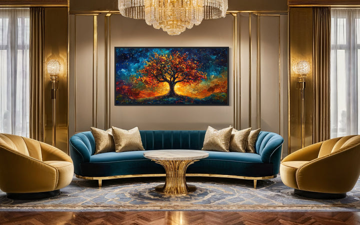 Colorful Yggdrasil Tree Of Life Framed Canvas Wall Art in a living room filled with furniture