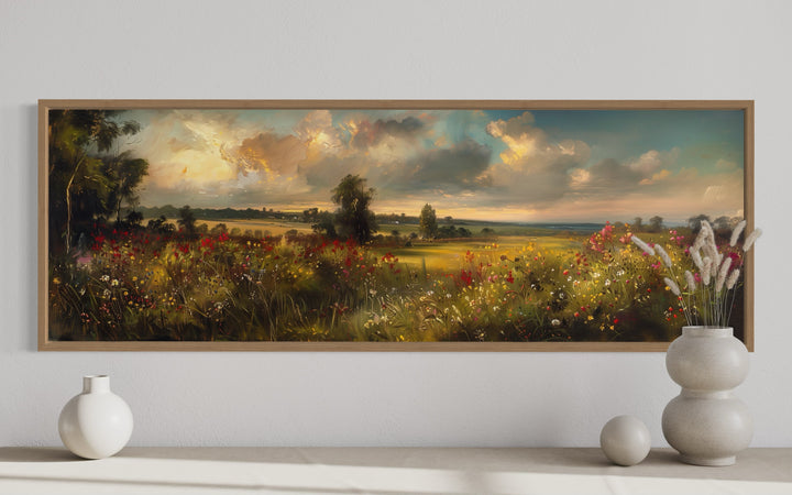 Vintage Wildflowers Field Landscape at Sunset Panoramic Canvas Wall Art close up