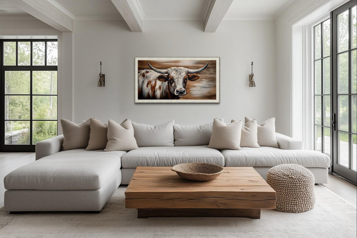Rustic Longhorn Bull Wall Art With Barnwood Driftwood Frame For Farmhouse Decor