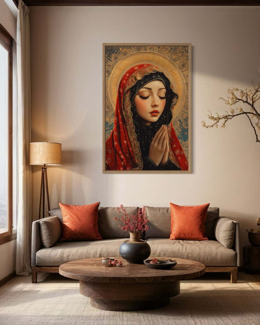 Blessed Virgin Mary Modern Icon Framed Christian Canvas Wall Art in living room