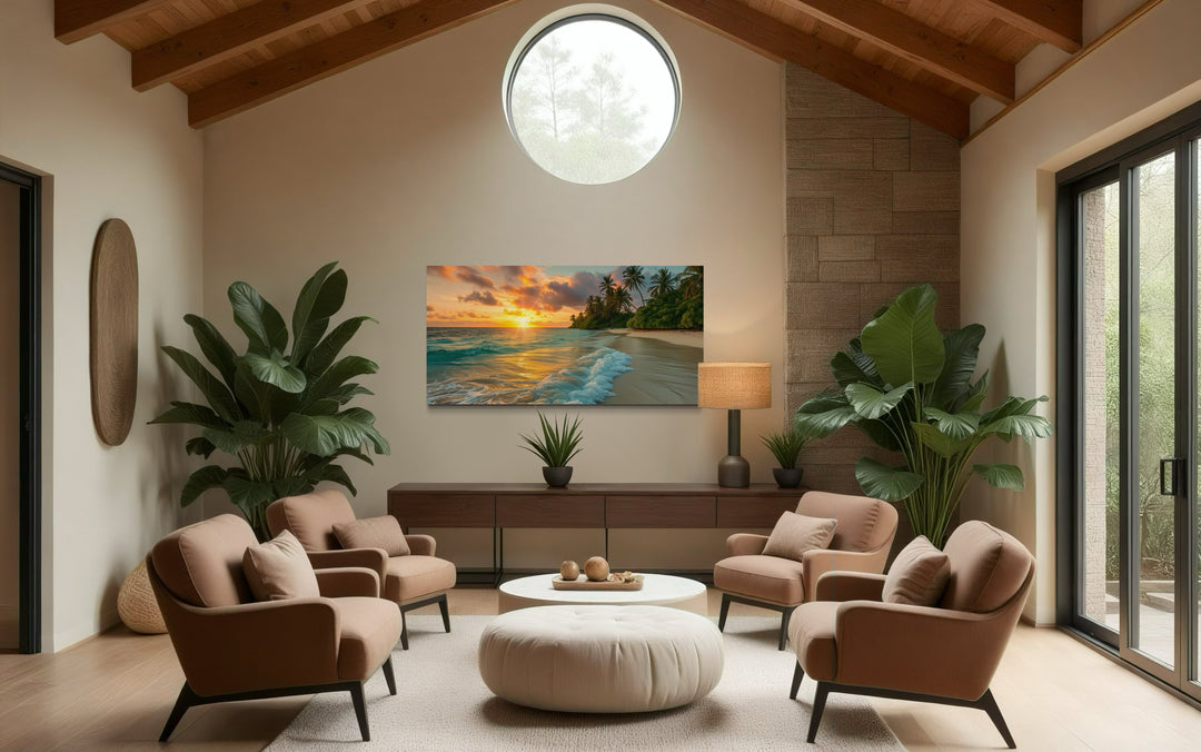 Tropical Beach At Sunset Framed Canvas Wall Art in a living room filled with furniture