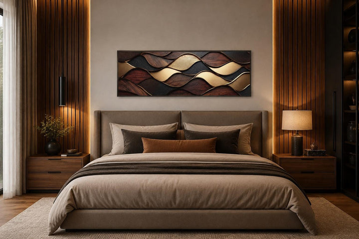 Long horizontal abstract canvas with brown, black, and gold wavy wood textures above a bed.