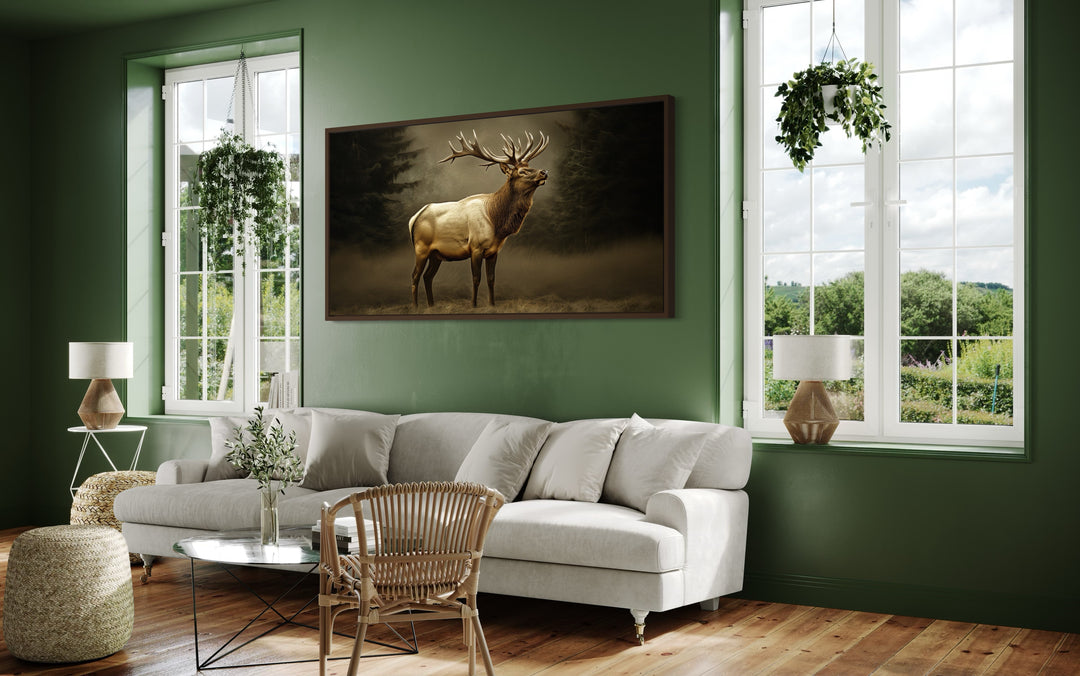 Elk In Dark Foggy Forest Framed Canvas Wall Art For Cabin Decor in a living room with green walls