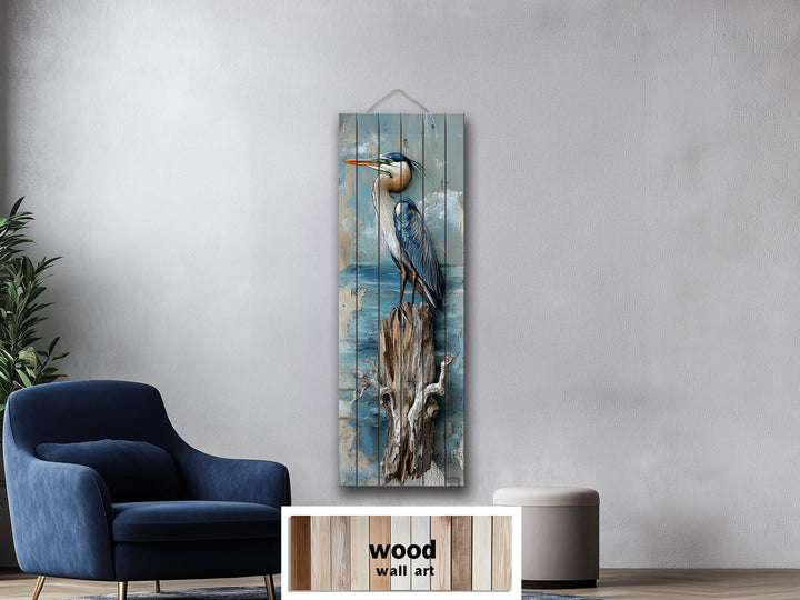 Vertical Blue Heron Wall Art - Distressed Wood Coastal Decor for Lake House