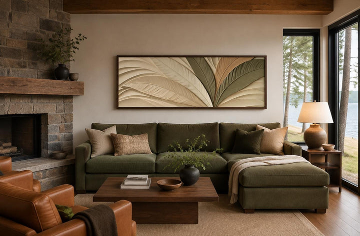 Sculptural Palm Leaf Canvas Print in Warm Cream, Olive, and Tan Tones Above Bed Decor