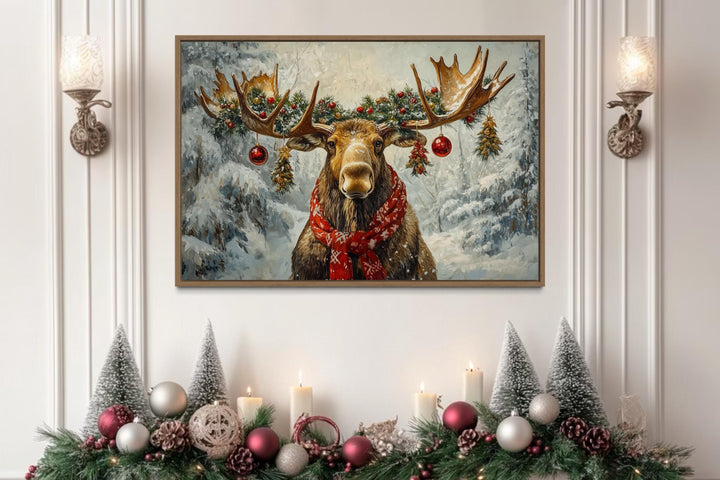 Christmas Moose With Red Scarf And Ornaments Canvas Wall Art