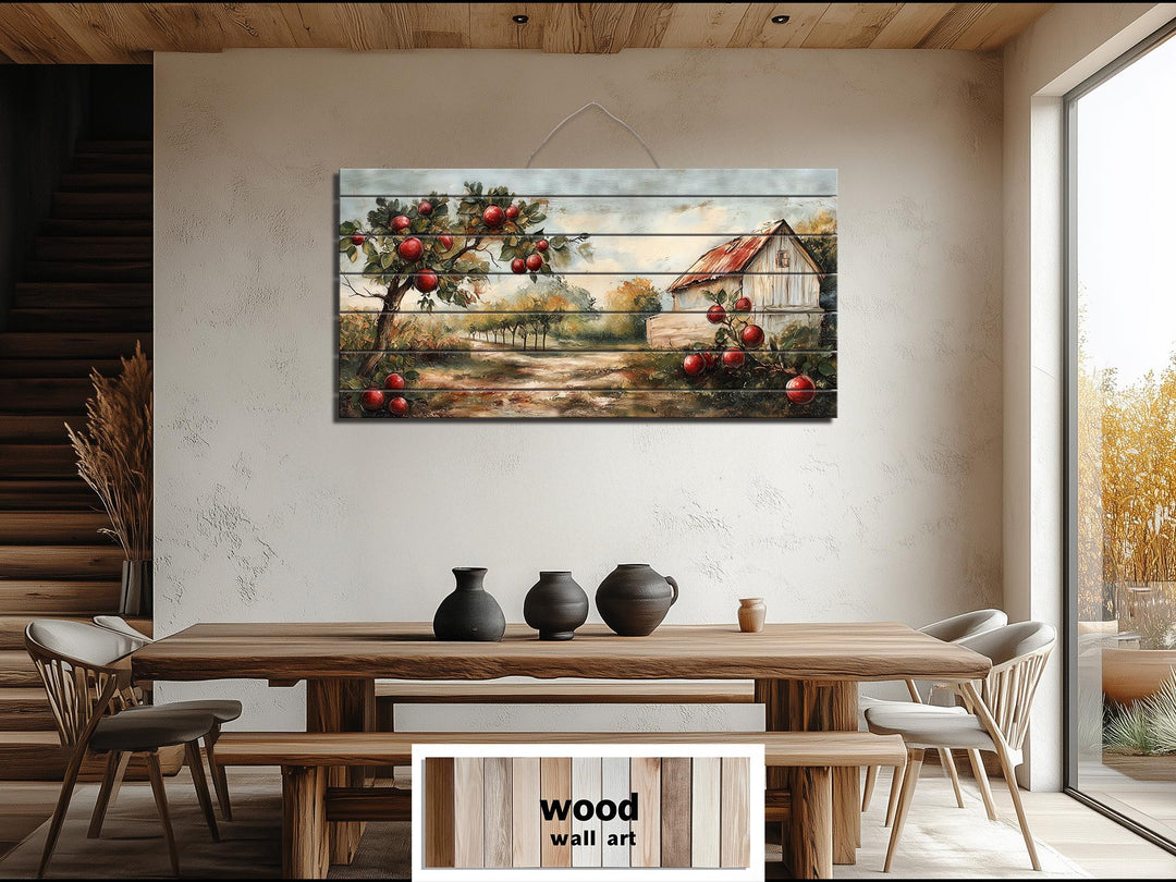 Rustic Apple Orchard With Barn Distressed Wood Dining Room Wall Art