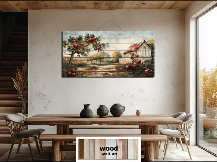 Rustic Apple Orchard With Barn Distressed Wood Dining Room Wall Art