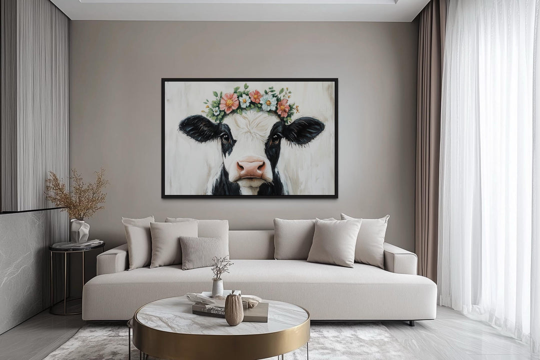 Cow With Floral Wreath Canvas Wall Art – Rustic Farmhouse Floral Decor