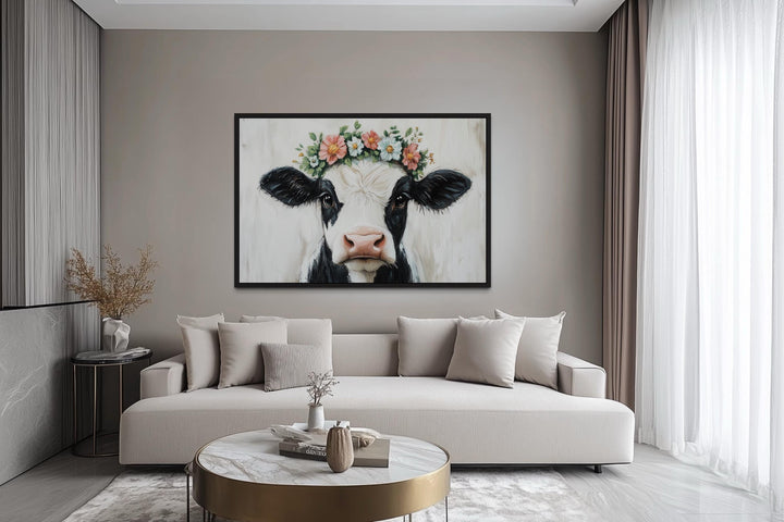 Cow With Floral Wreath Canvas Wall Art – Rustic Farmhouse Floral Decor