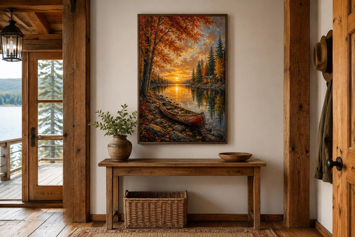 Canoe In Autumn Lake Wall Art - Fall Painting | Vertical Canvas Print, Rustic Cabin Decor