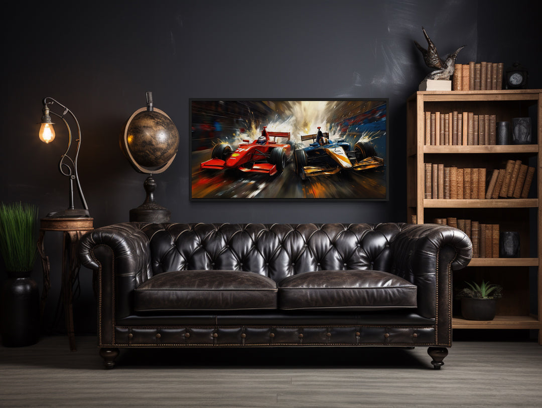 Two Race Cars On Race Track Graffiti Abstract Painting Framed Canvas Wall Art in a man cave