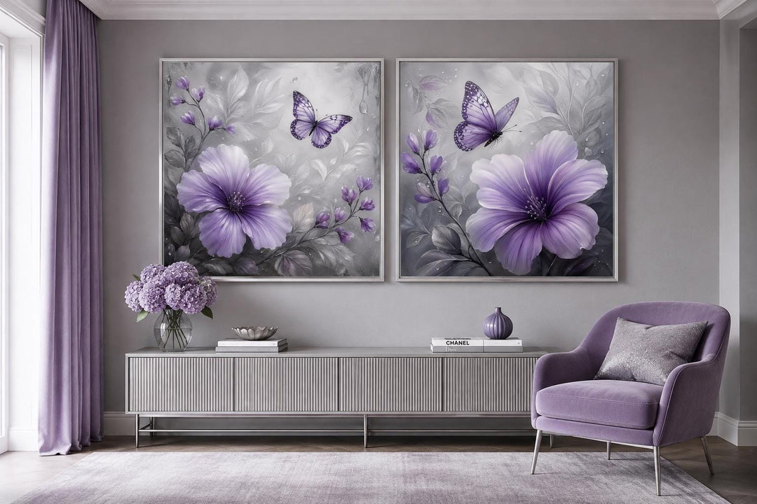 Set of 2 purple hibiscus flower canvases with butterflies on a moody gray floral background.