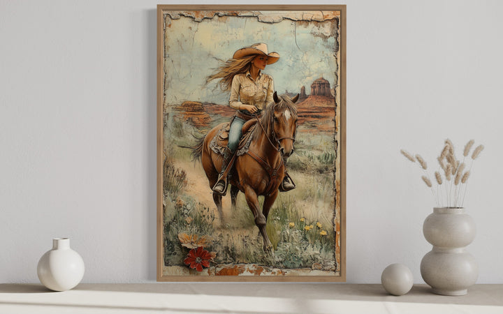 Cowgirl Riding A Horse In The Desert Framed Canvas Wall Art close up