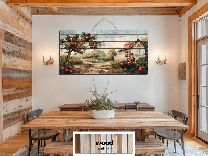 Rustic Apple Orchard With Barn Distressed Wood Dining Room Wall Art
