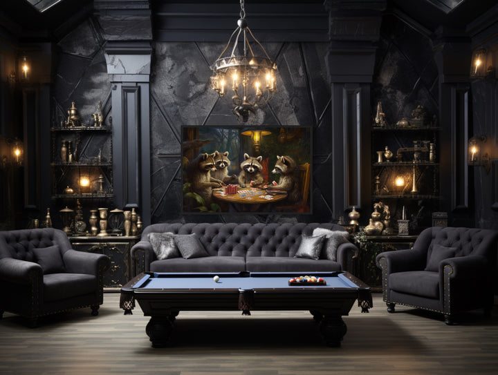 a living room filled with furniture and a pool table