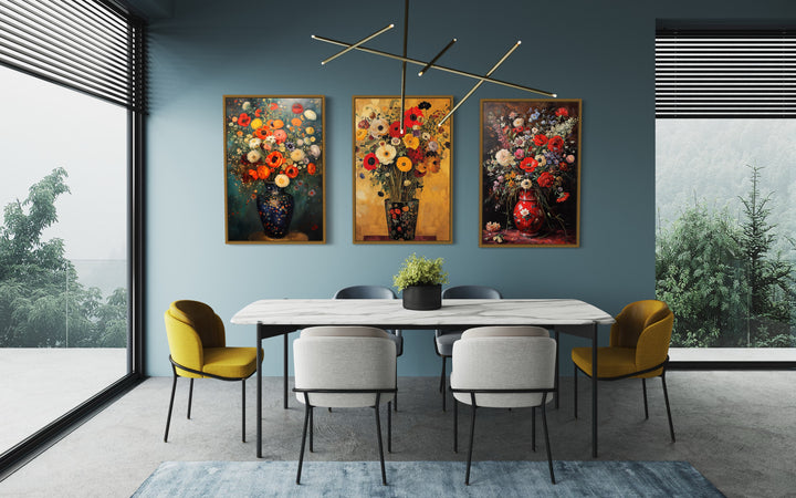 a dining room with a table and Antique Style Floral Vases Set of 3 Canvas Wall Art for Dining Room