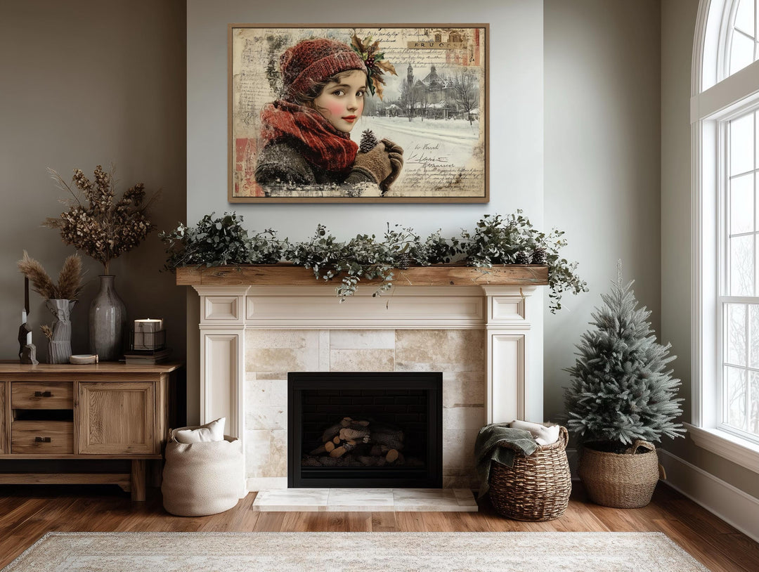 Christmas Girl Vintage Postcard Style Framed Canvas Wall Art