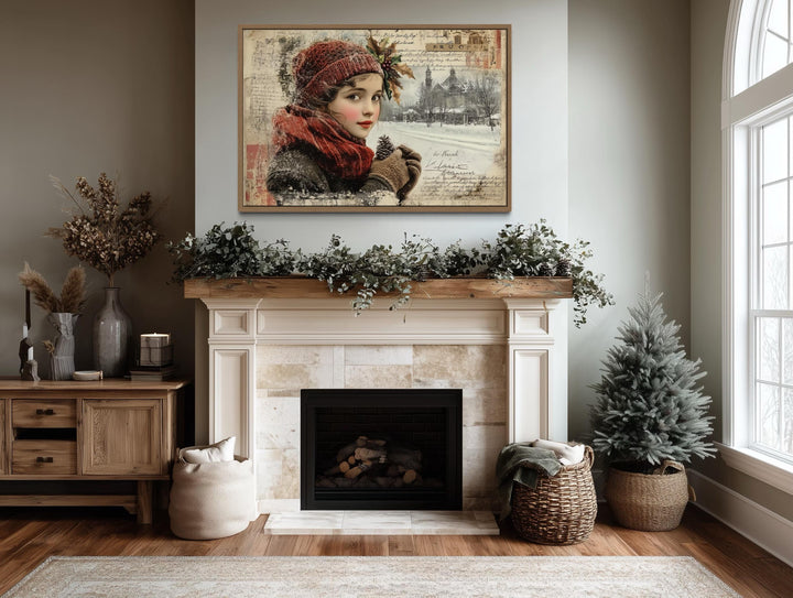 Christmas Girl Vintage Postcard Style Framed Canvas Wall Art
