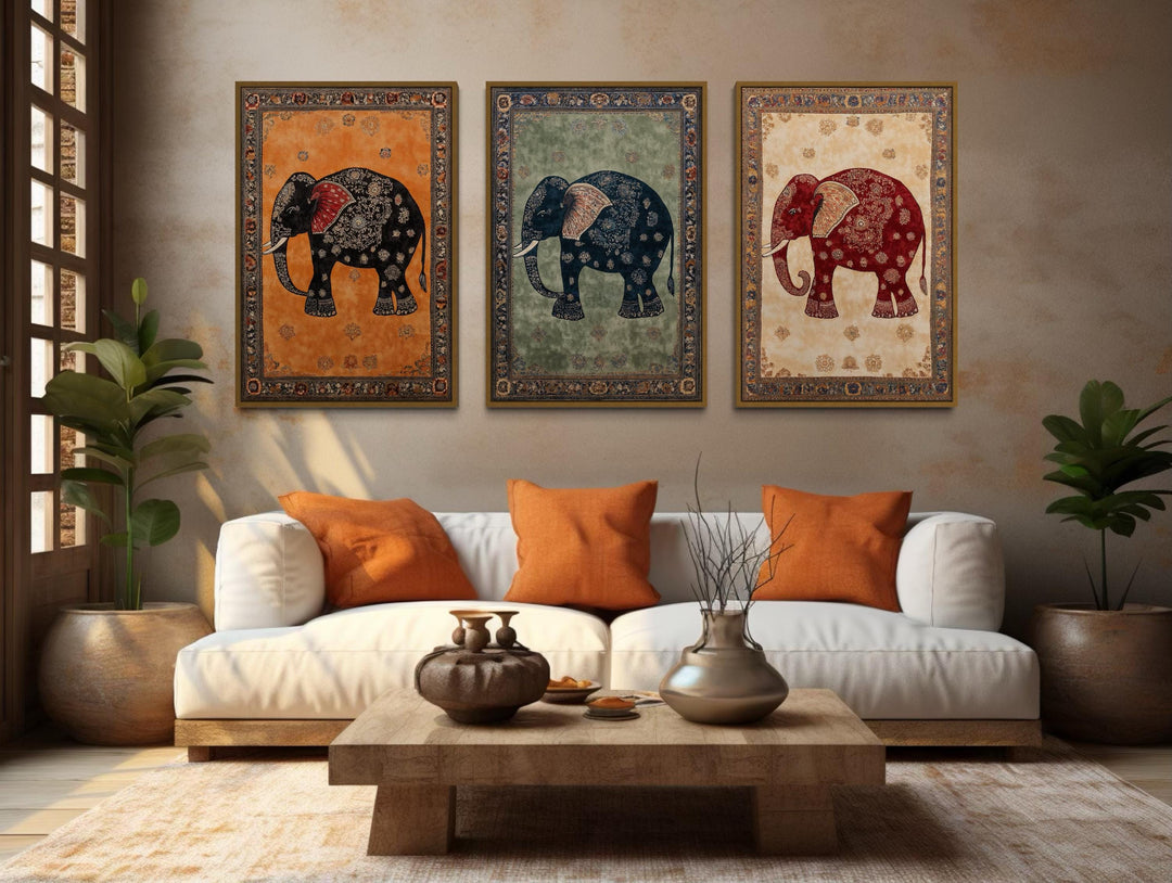 Indian Madhubani Elephant Canvas Wall Art Set of 3