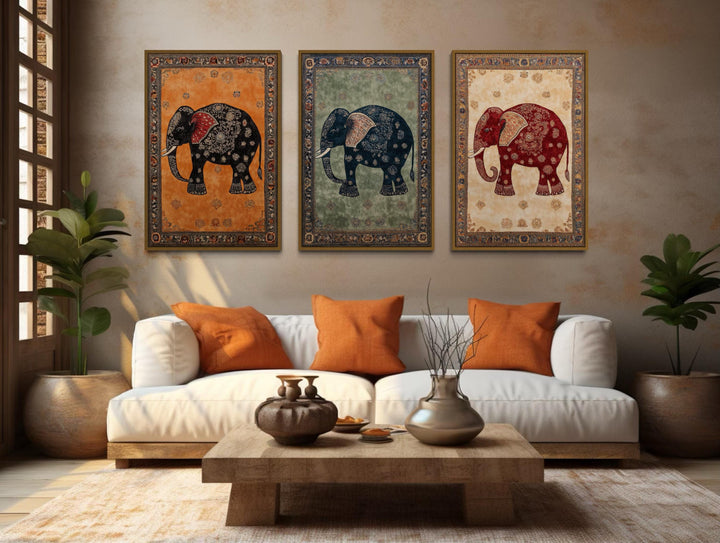 Indian Madhubani Elephant Canvas Wall Art Set of 3