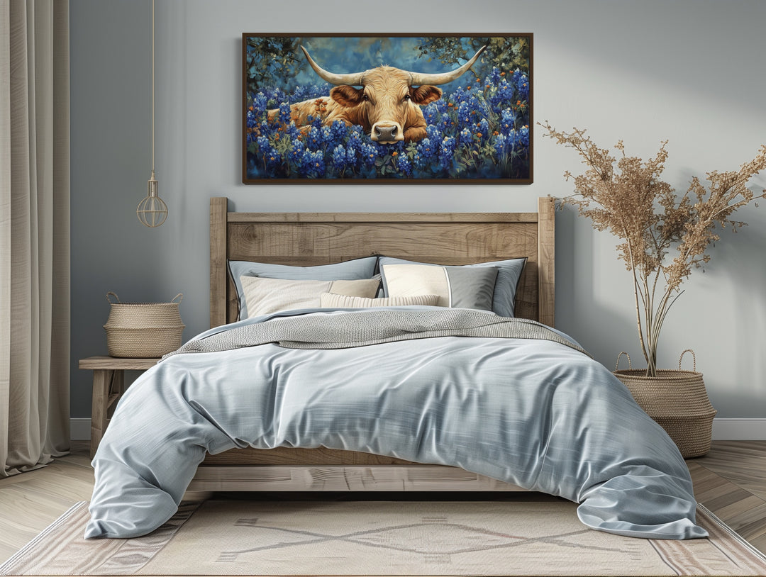 Longhorn in Bluebonnets Rustic Farmhouse Canvas Wall Art above wooden bed