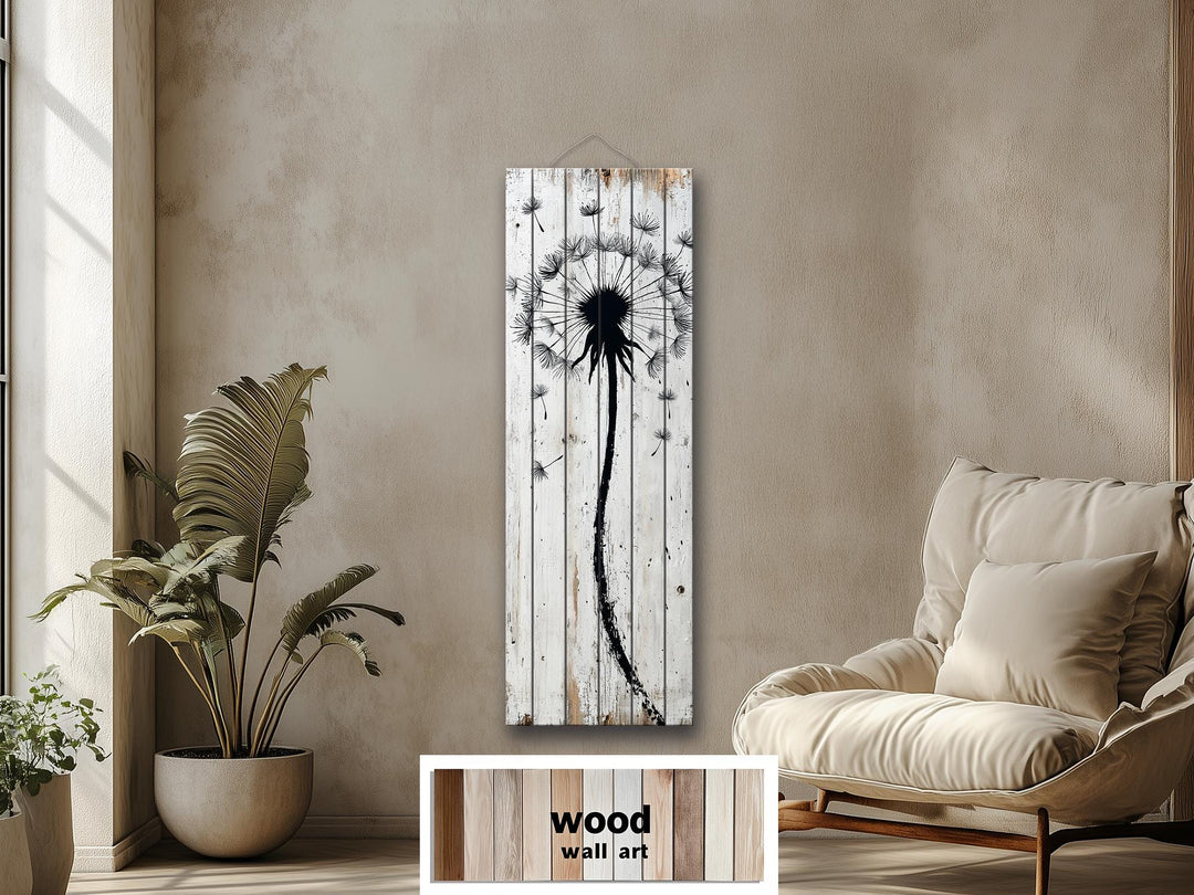 Tall Vertical Dandelion Wall Art - Whitewashed Distressed Wood Slim Rustic Floral Decor