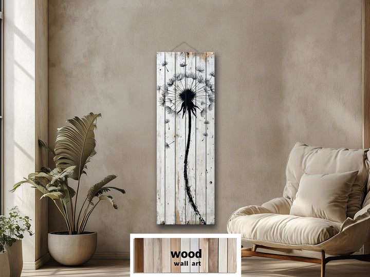 Tall Vertical Dandelion Wall Art - Whitewashed Distressed Wood Slim Rustic Floral Decor