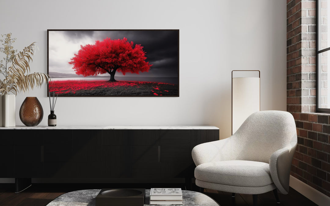 Red Tree on Black White Background Framed Canvas Wall Art a living room with a white chair