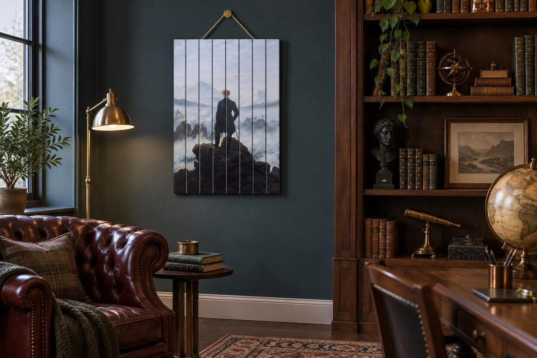 Wanderer Above the Sea of Fog print on distressed wood planks hanging in a dark, classic library.