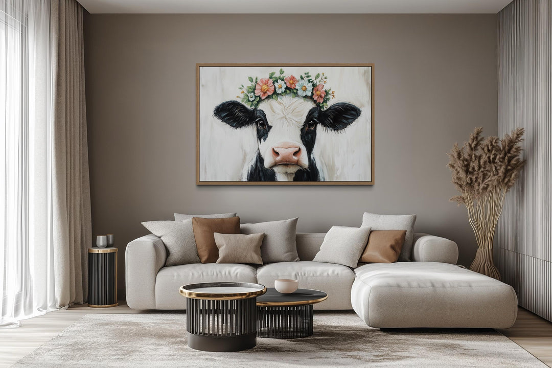 Cow With Floral Wreath Canvas Wall Art – Rustic Farmhouse Floral Decor