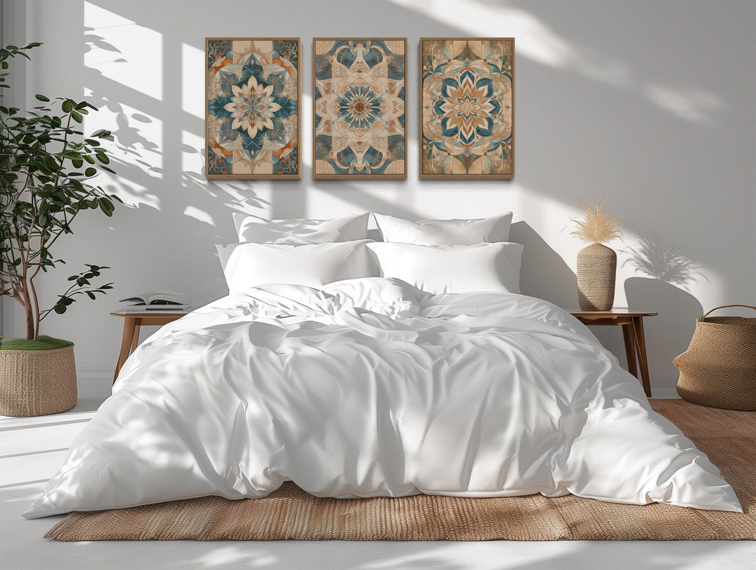 framed Wall Art Set of 3 Boho Neutral Mandala Wall Decor in a bed with a white comforter and two paintings on the wall