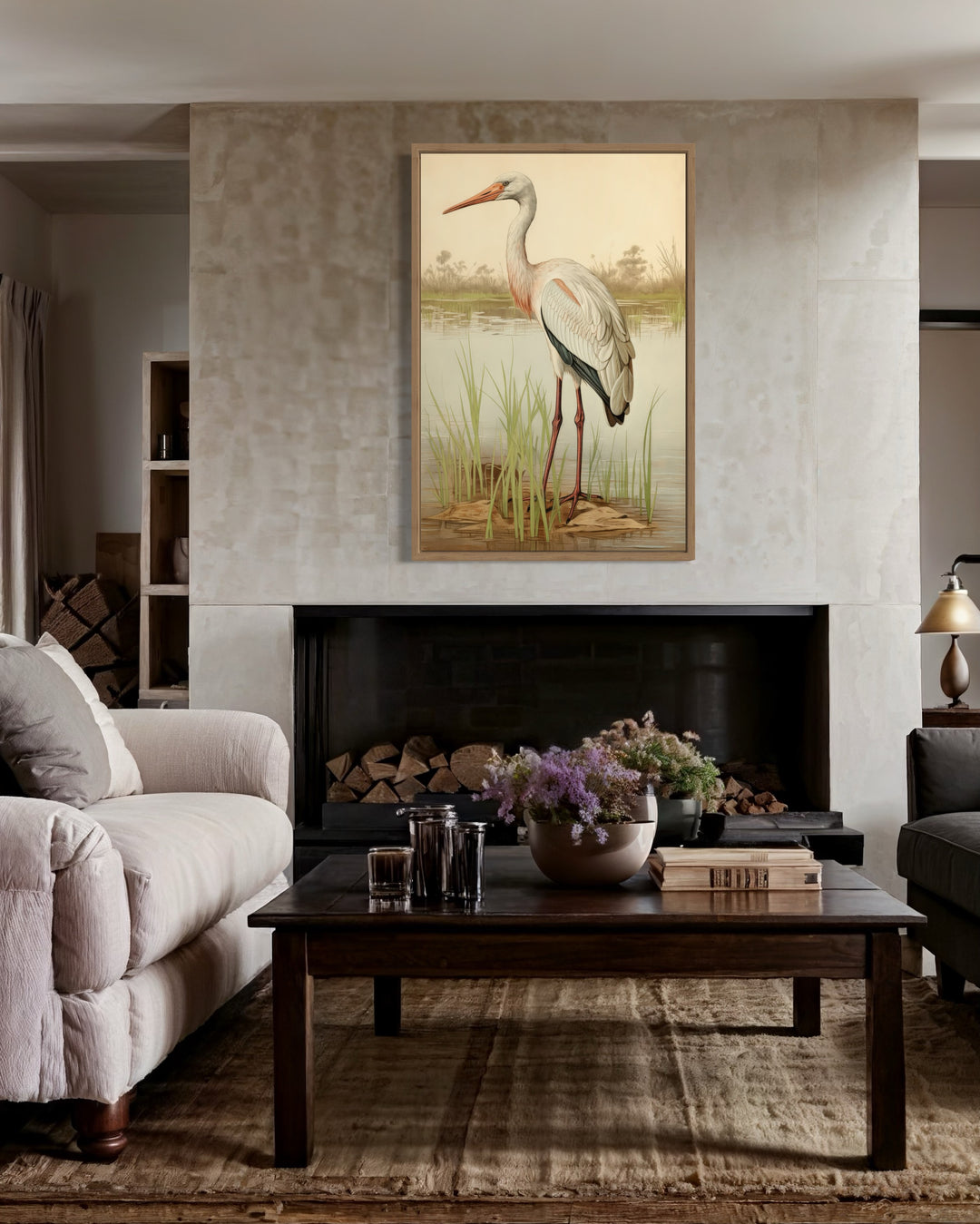 Vintage Stork Painting Coastal Framed Canvas Wall Art in a living room filled with furniture and a fire place