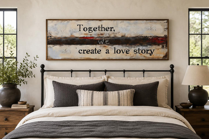 Horizontal canvas wall art with romantic quote above a bed with neutral and charcoal bedding.