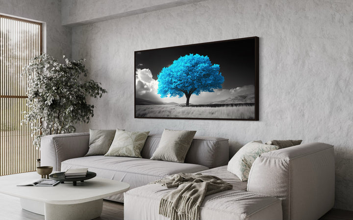 Blue Tree on Black White Background Framed Canvas Wall Art in living room