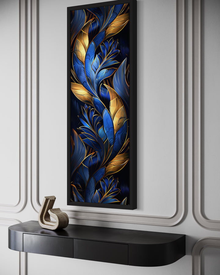 Tall Narrow Navy Blue Gold Art Deco Framed Canvas Wall Art side view