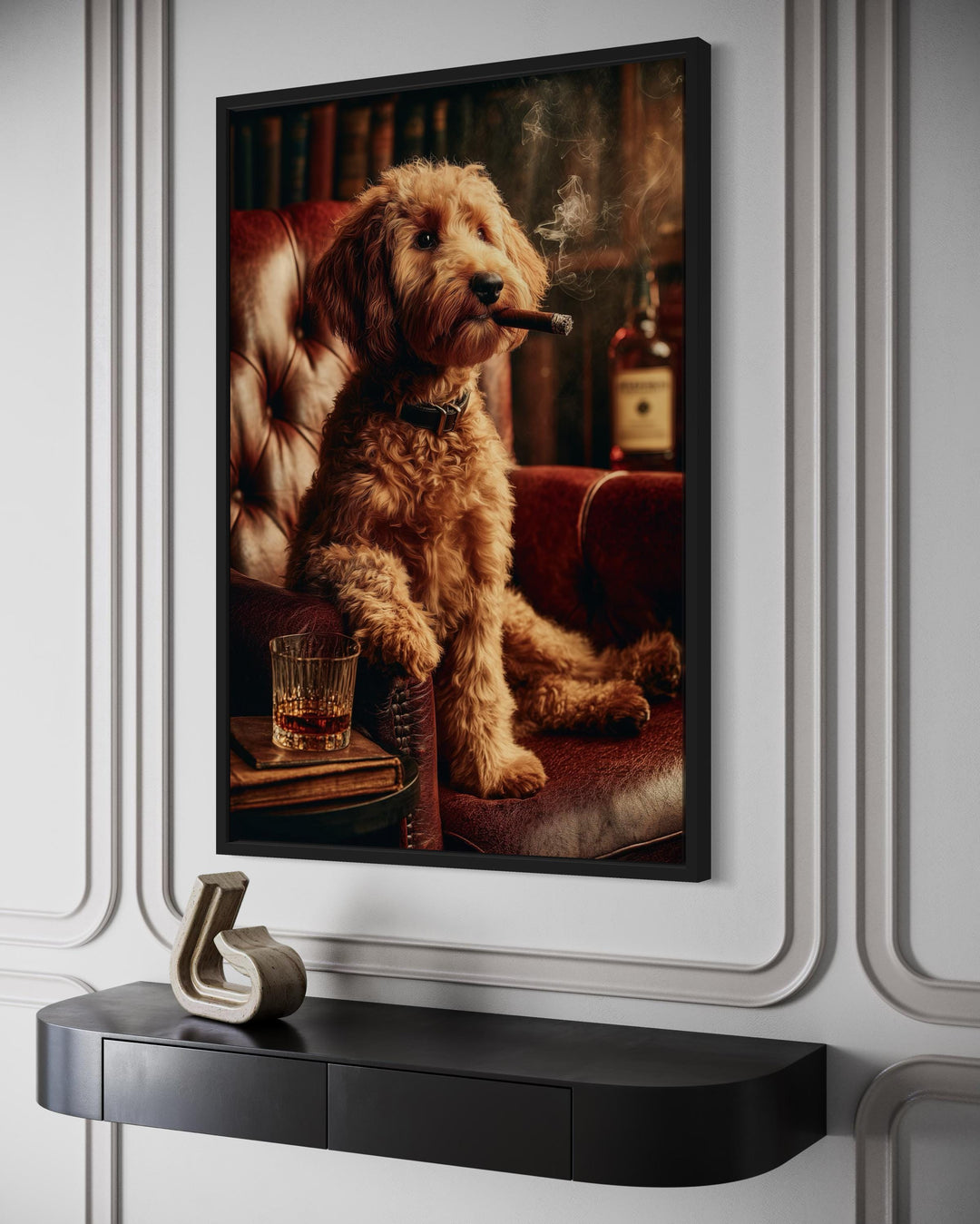 Red Brown  Goldendoodle Dog Drinking Whiskey and Smoking Cigar Canvas Wall Art