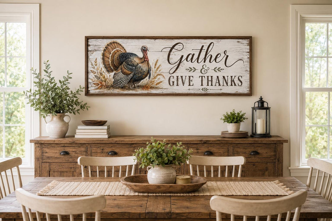 Rustic Thanksgiving wall art with a turkey and 'Gather & Give Thanks' text above a dining sideboard.