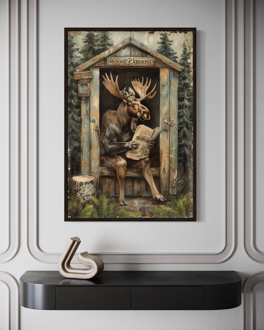 Moose In Outhouse Toilet In The Forest Reading Newspaper Wall Art close up view